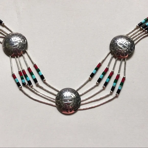 Vintage Native American Sterling Silver Gem Bead Kachina Medallion Necklace